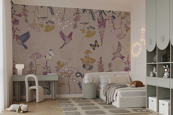 Behang met vogels en bloemen Behang met vogels en bloemen