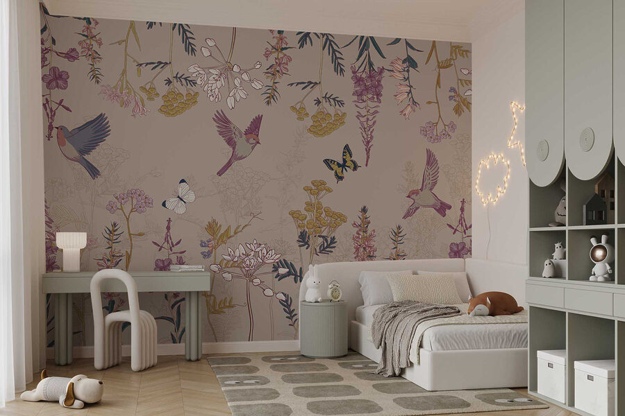Behang met vogels en bloemen Behang met vogels en bloemen