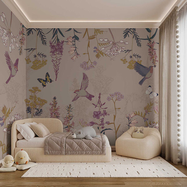 Behang met vogels en bloemen Behang met vogels en bloemen