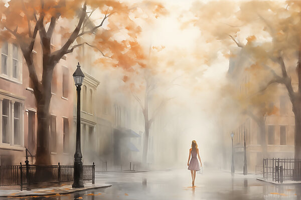 Vrouw loopt door een straat in de mist Vrouw loopt door een straat in de mist