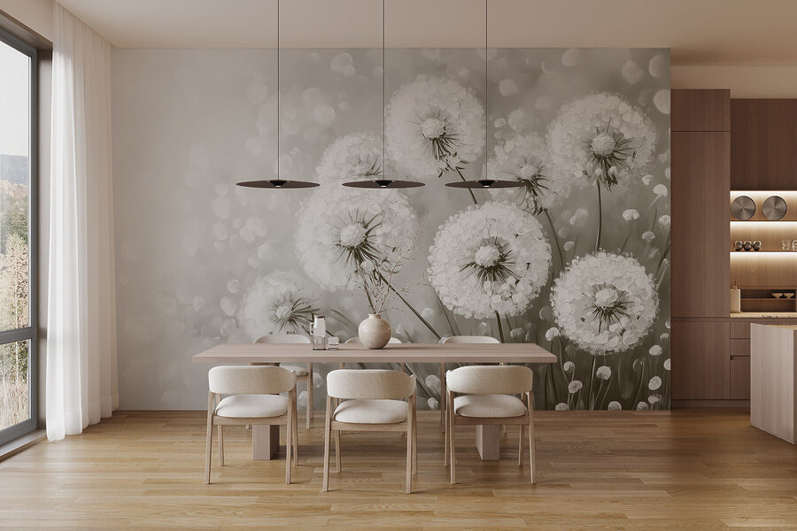 Groep paardenbloemen met witte bloemen