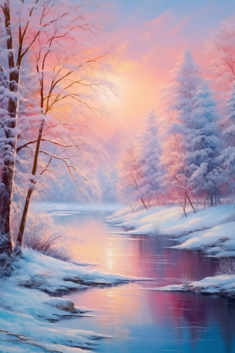 Rivier met besneeuwde bomen en een roze zonsondergang