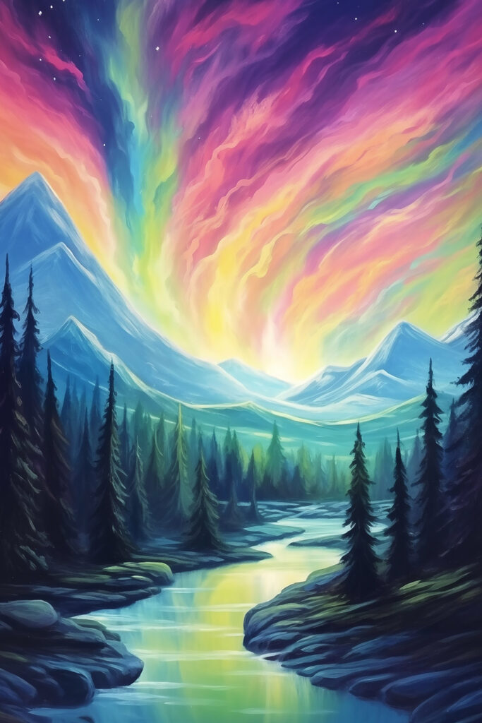 Painting of a river and mountains with trees