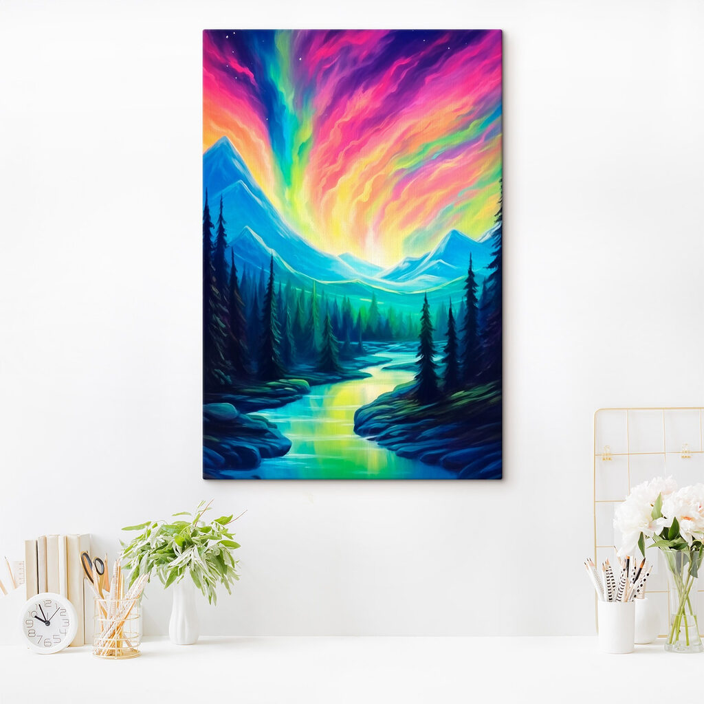 Painting of a river and mountains with trees