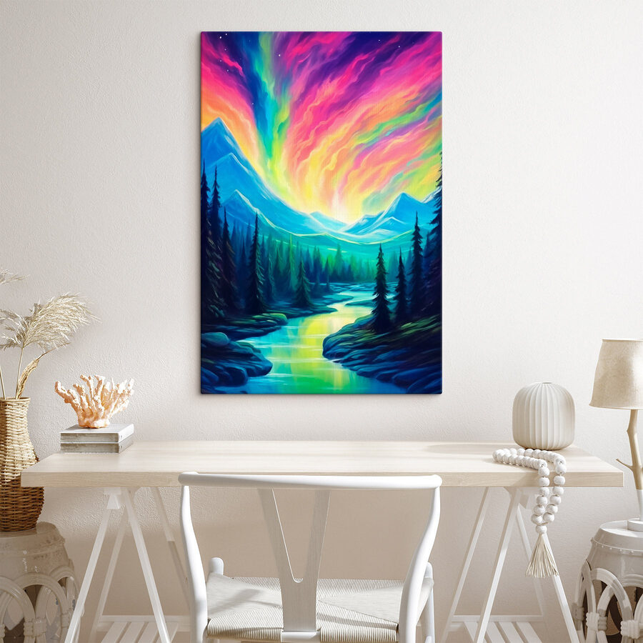 Schilderij van een rivier en bergen met bomen
