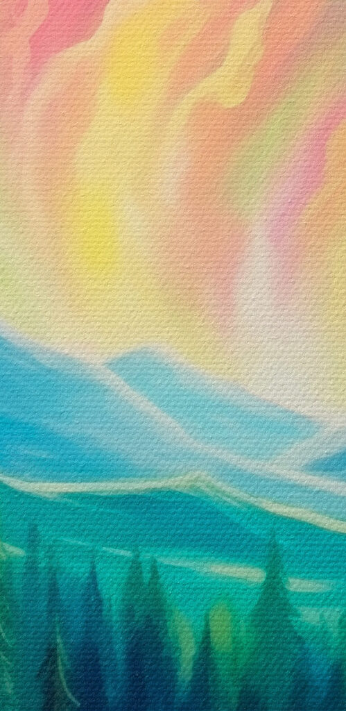 Painting of a river and mountains with trees