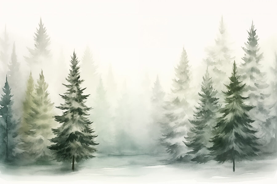 Aquarel van bomen in een bos