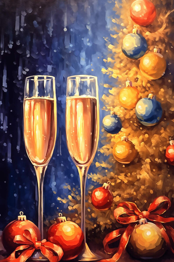 Schilderij van twee champagneglazen naast een kerstboom Schilderij van twee champagneglazen naast een kerstboom