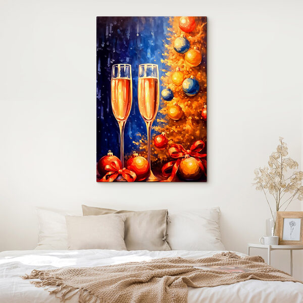 Schilderij van twee champagneglazen naast een kerstboom Schilderij van twee champagneglazen naast een kerstboom