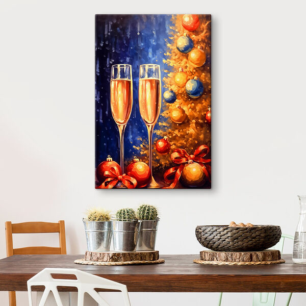 Schilderij van twee champagneglazen naast een kerstboom Schilderij van twee champagneglazen naast een kerstboom