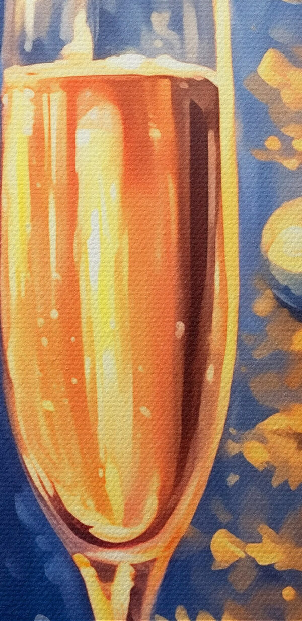Schilderij van twee champagneglazen naast een kerstboom Schilderij van twee champagneglazen naast een kerstboom