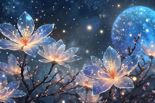 Groep bloemen met gloeiende lichtjes erop Groep bloemen met gloeiende lichtjes erop