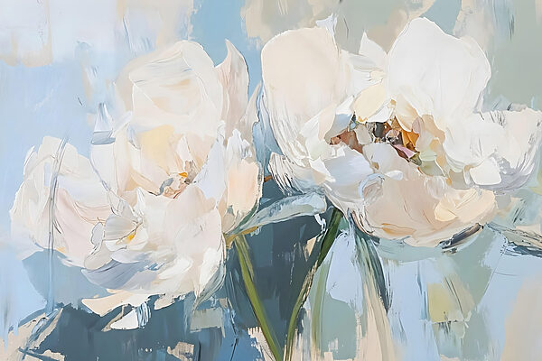 Schilderij van bloemen op een blauwe achtergrond Schilderij van bloemen op een blauwe achtergrond