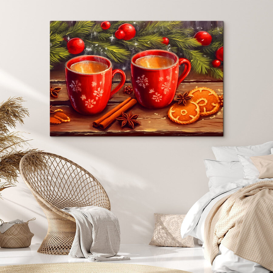 Schilderij van twee rode mokken met witte patronen en kaneelstokjes en anijssterren Schilderij van twee rode mokken met witte patronen en kaneelstokjes en anijssterren