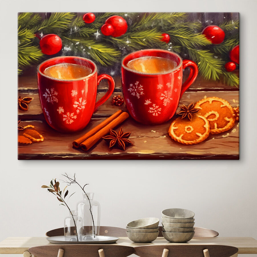 Schilderij van twee rode mokken met witte patronen en kaneelstokjes en anijssterren Schilderij van twee rode mokken met witte patronen en kaneelstokjes en anijssterren