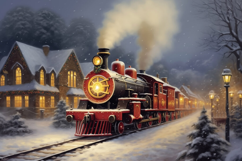 Train on the tracks in the snow