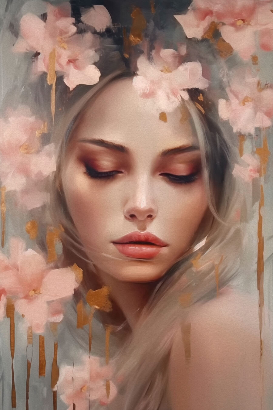 Schilderij van een vrouw met bloemen in haar haar