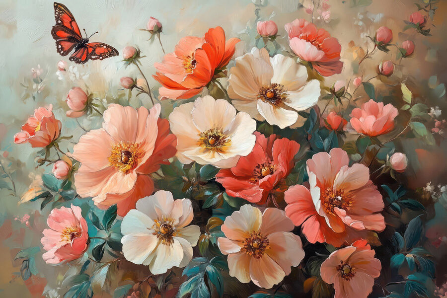 Vlinder vliegend over een boeket bloemen