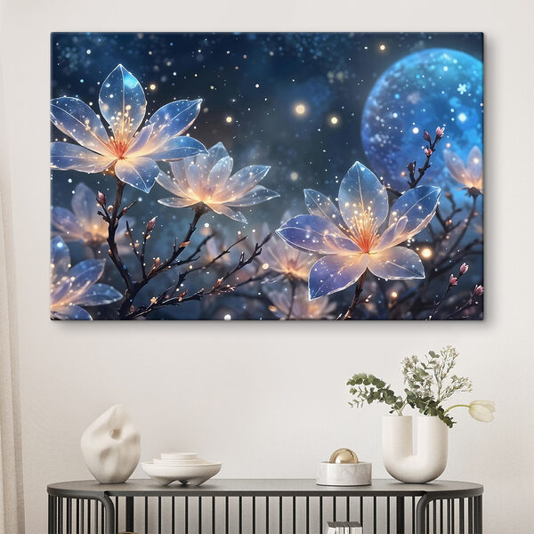Groep bloemen met gloeiende lichtjes erop Groep bloemen met gloeiende lichtjes erop