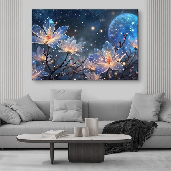Groep bloemen met gloeiende lichtjes erop Groep bloemen met gloeiende lichtjes erop