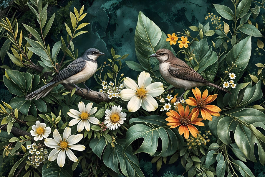 Vogels op een tak met bloemen
