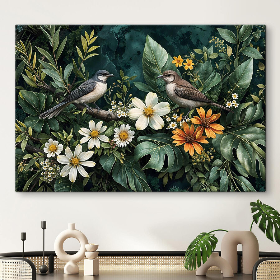 Vogels op een tak met bloemen
