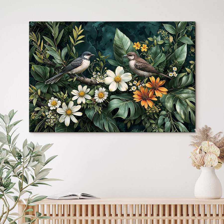Vogels op een tak met bloemen