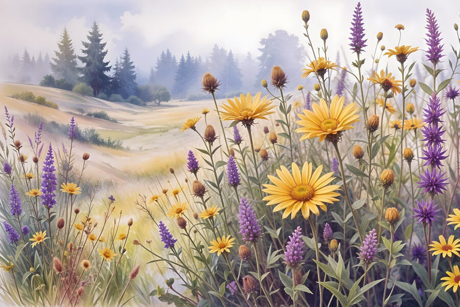 Veld met bloemen en gras