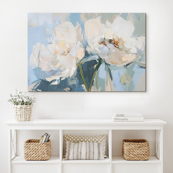 Schilderij van bloemen op een blauwe achtergrond Schilderij van bloemen op een blauwe achtergrond