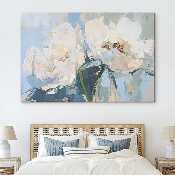 Schilderij van bloemen op een blauwe achtergrond Schilderij van bloemen op een blauwe achtergrond