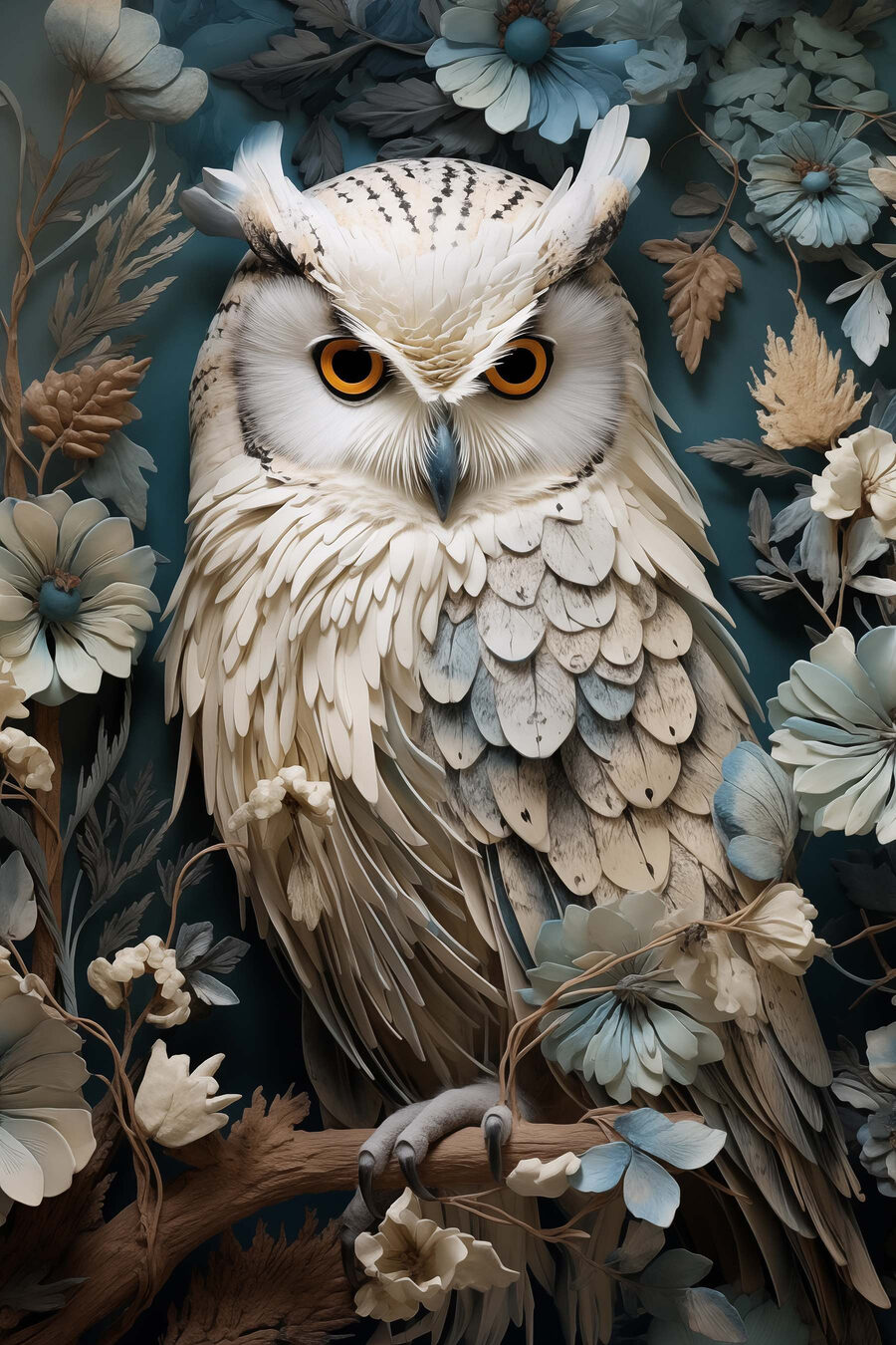 Witte uil met gele ogen en een blauwe achtergrond met bloemen