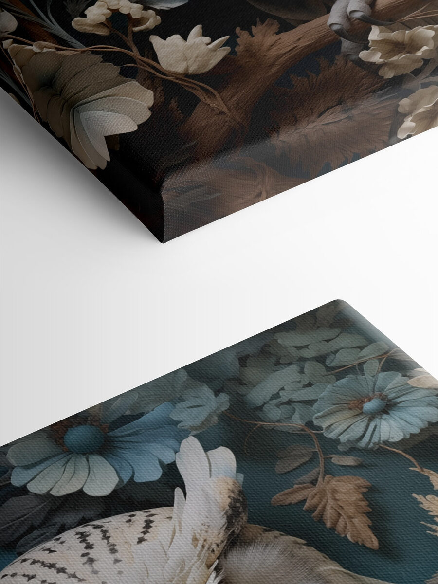 Witte uil met gele ogen en een blauwe achtergrond met bloemen