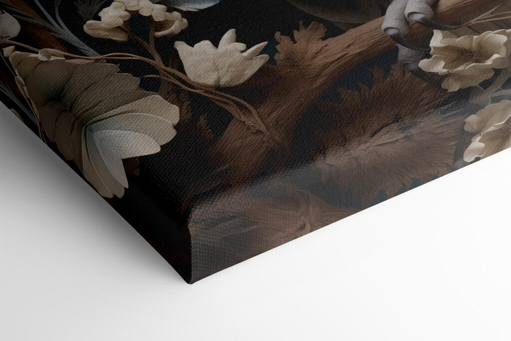 White owl with yellow eyes and a blue background with flowers