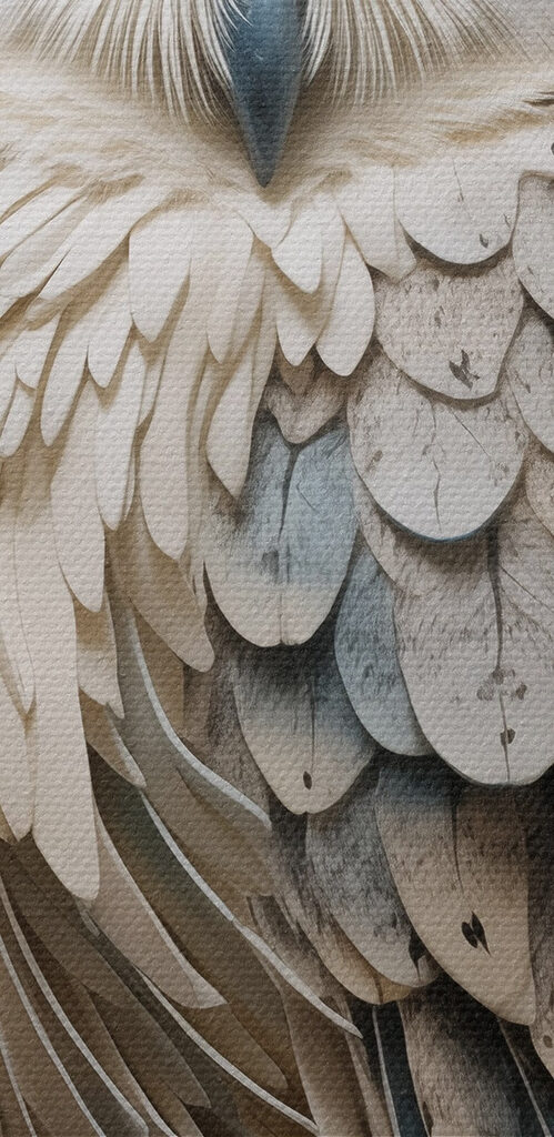 White owl with yellow eyes and a blue background with flowers