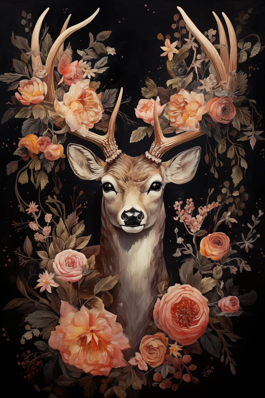 Schilderij van een hert omringd door bloemen