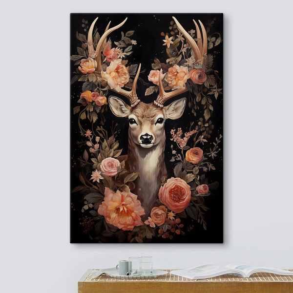 Schilderij van een hert omringd door bloemen Schilderij van een hert omringd door bloemen