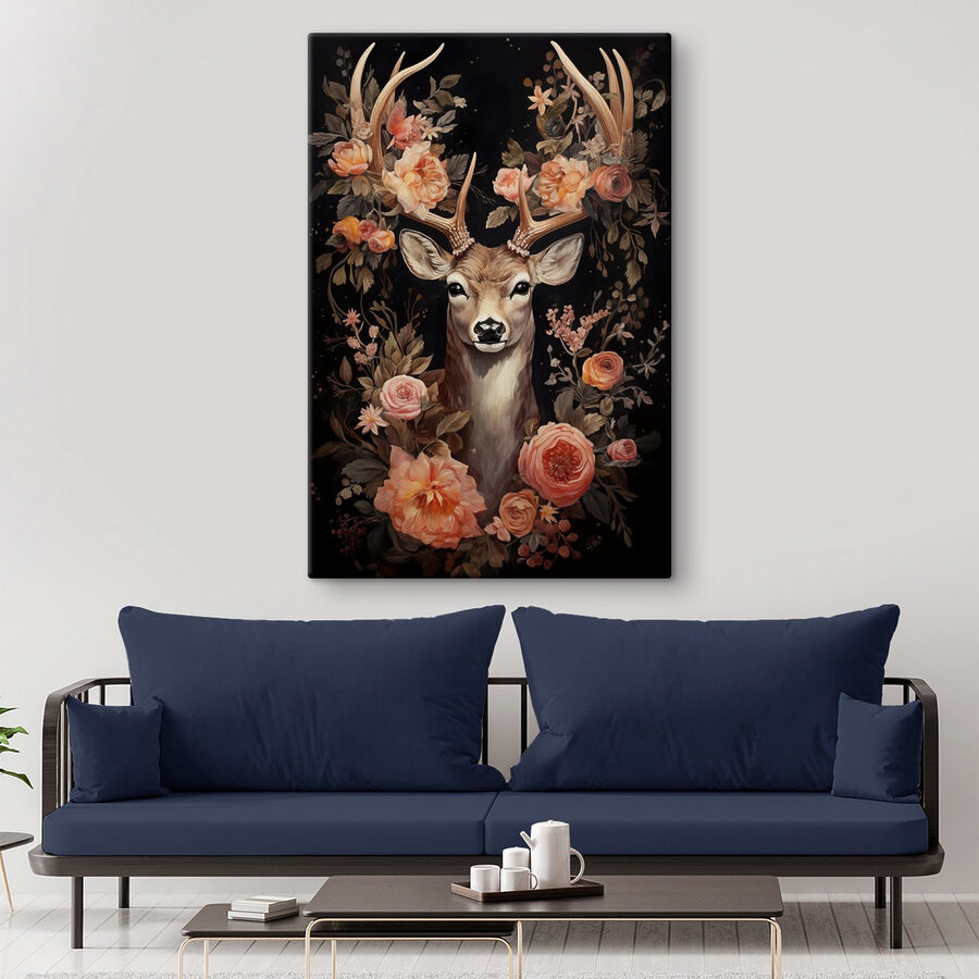 Schilderij van een hert omringd door bloemen