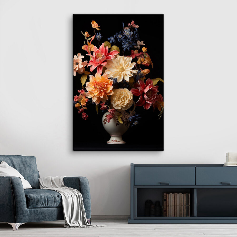 Vaas met bloemen op zwarte achtergrond Vaas met bloemen op zwarte achtergrond