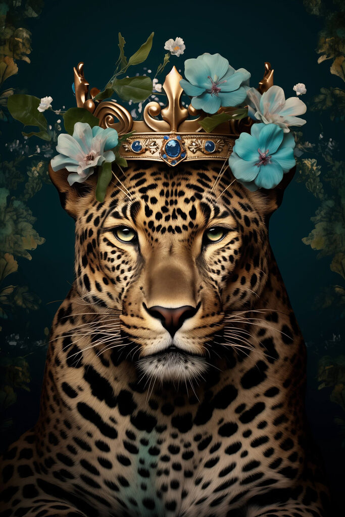 Leopard with a crown and flowers