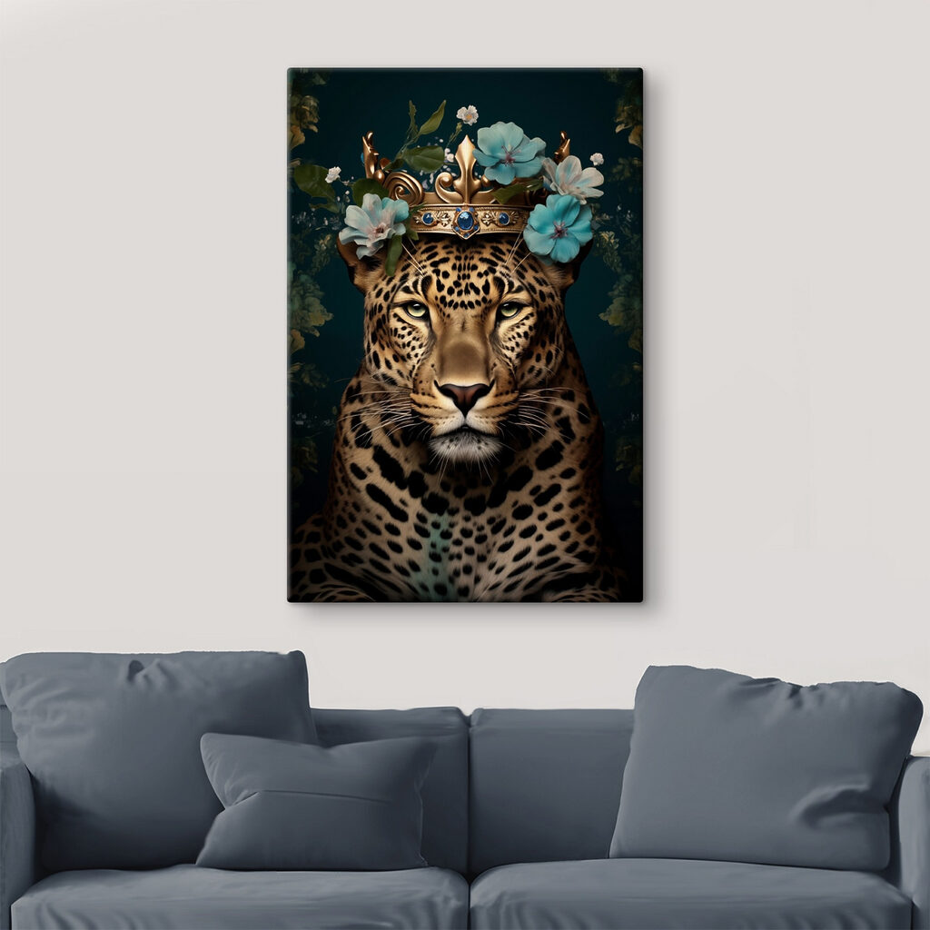 Leopard with a crown and flowers