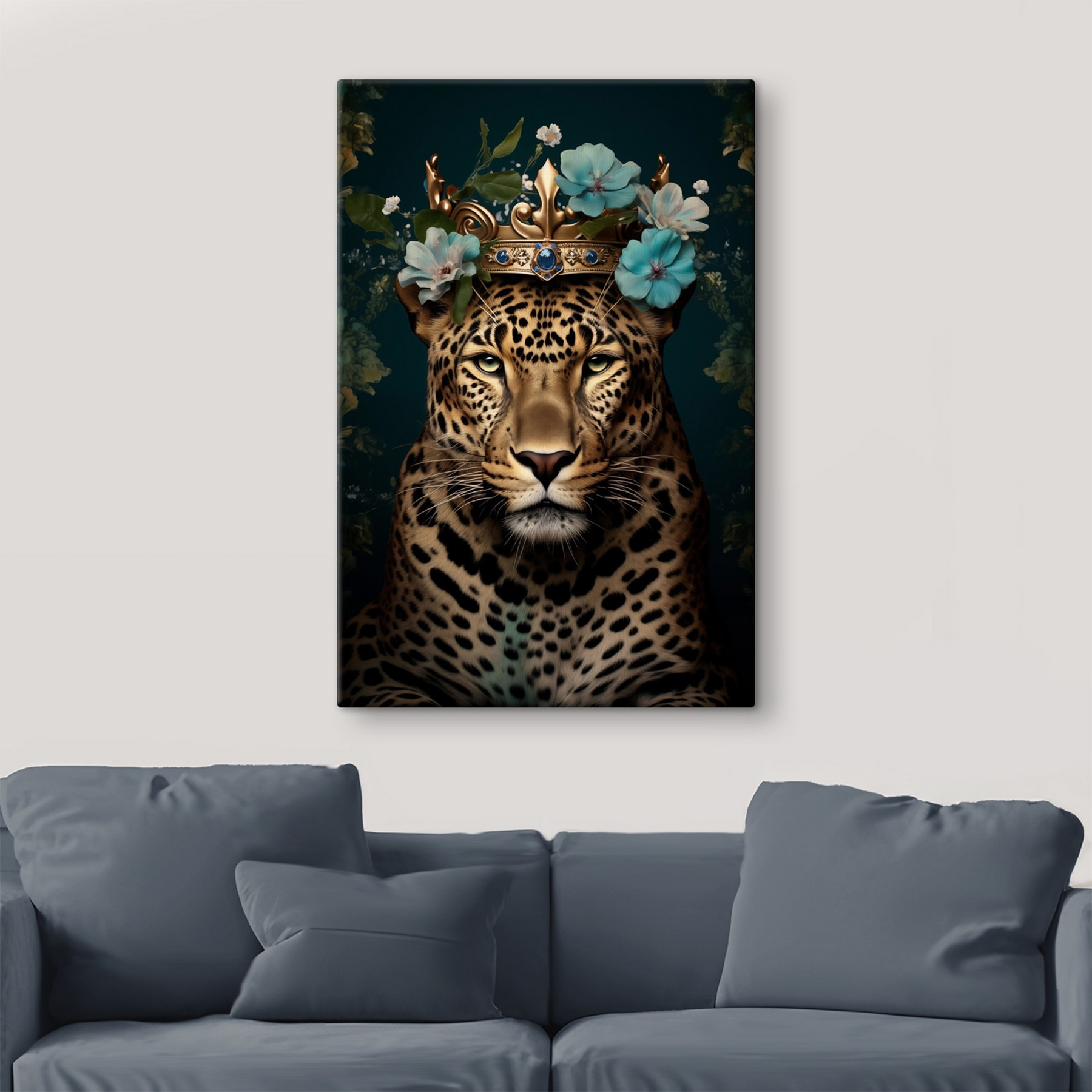 Leopard with a crown and flowers