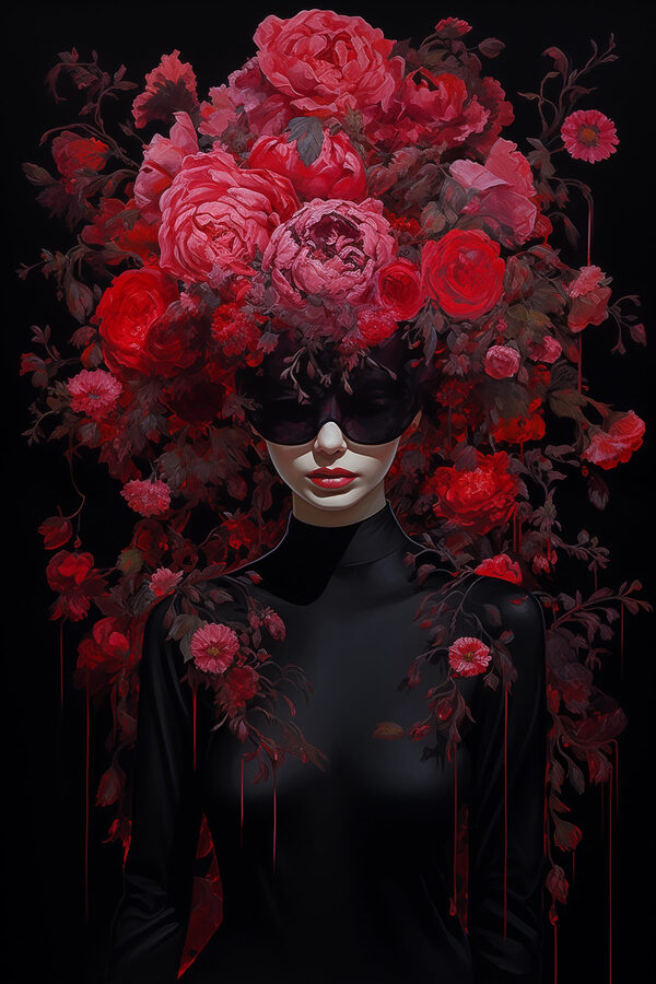 Vrouw met masker en bloemen op haar hoofd Vrouw met masker en bloemen op haar hoofd