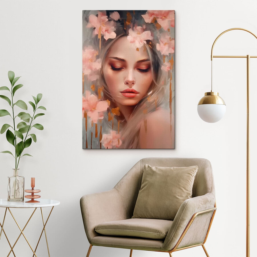 Schilderij van een vrouw met bloemen in haar haar