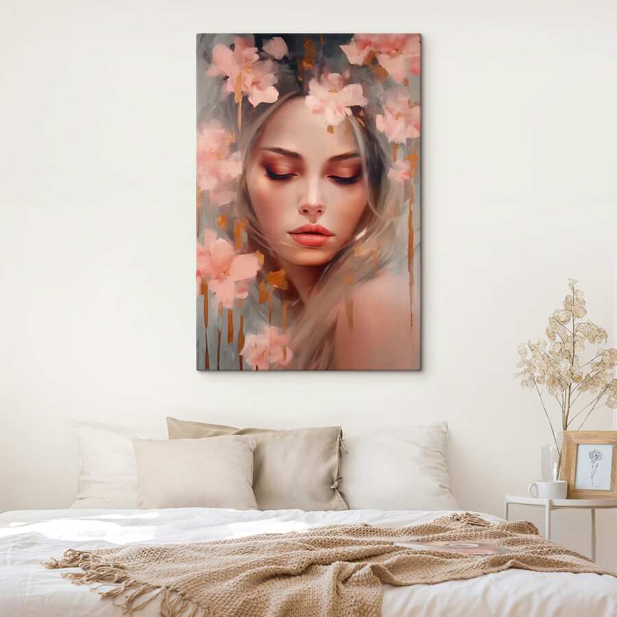 Schilderij van een vrouw met bloemen in haar haar