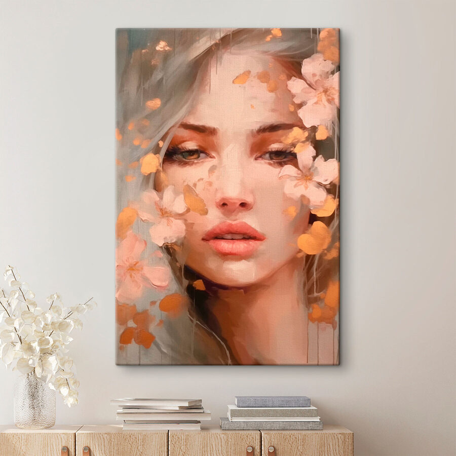 Vrouw met bloemen rond haar gezicht