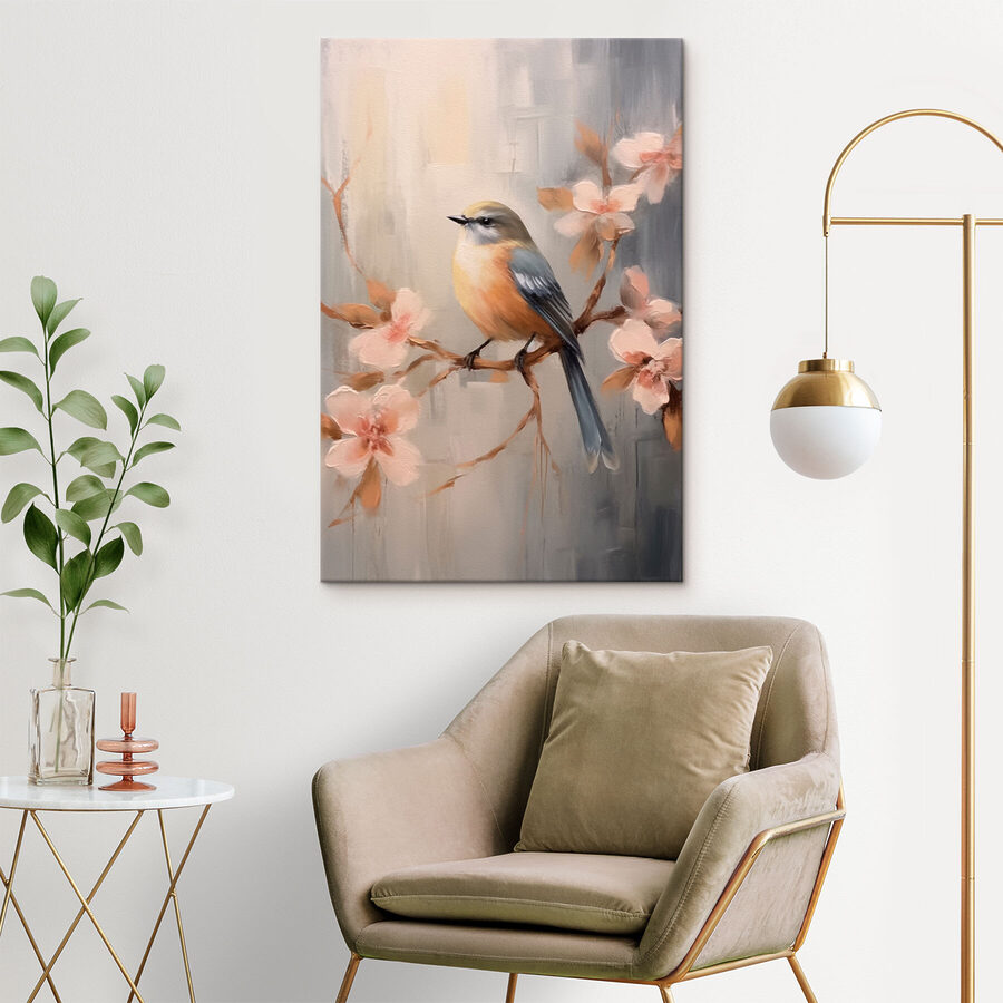Vogel op een tak met bloemen
