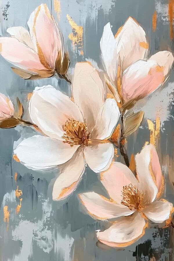 Schilderij van bloemen op een blauwe achtergrond Schilderij van bloemen op een blauwe achtergrond