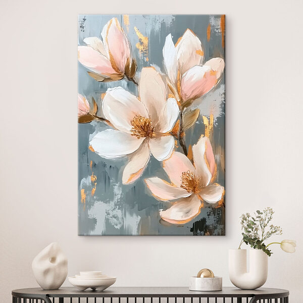 Schilderij van bloemen op een blauwe achtergrond Schilderij van bloemen op een blauwe achtergrond
