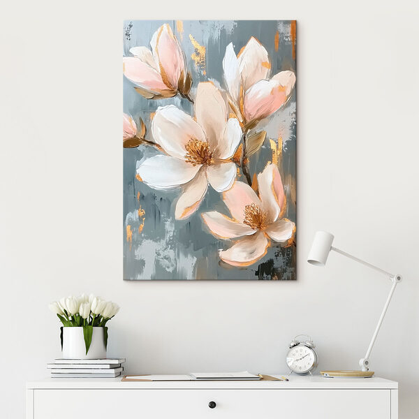 Schilderij van bloemen op een blauwe achtergrond Schilderij van bloemen op een blauwe achtergrond