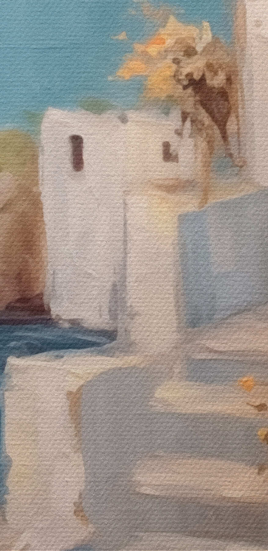 Schilderij van een huis met bloemen op de trap